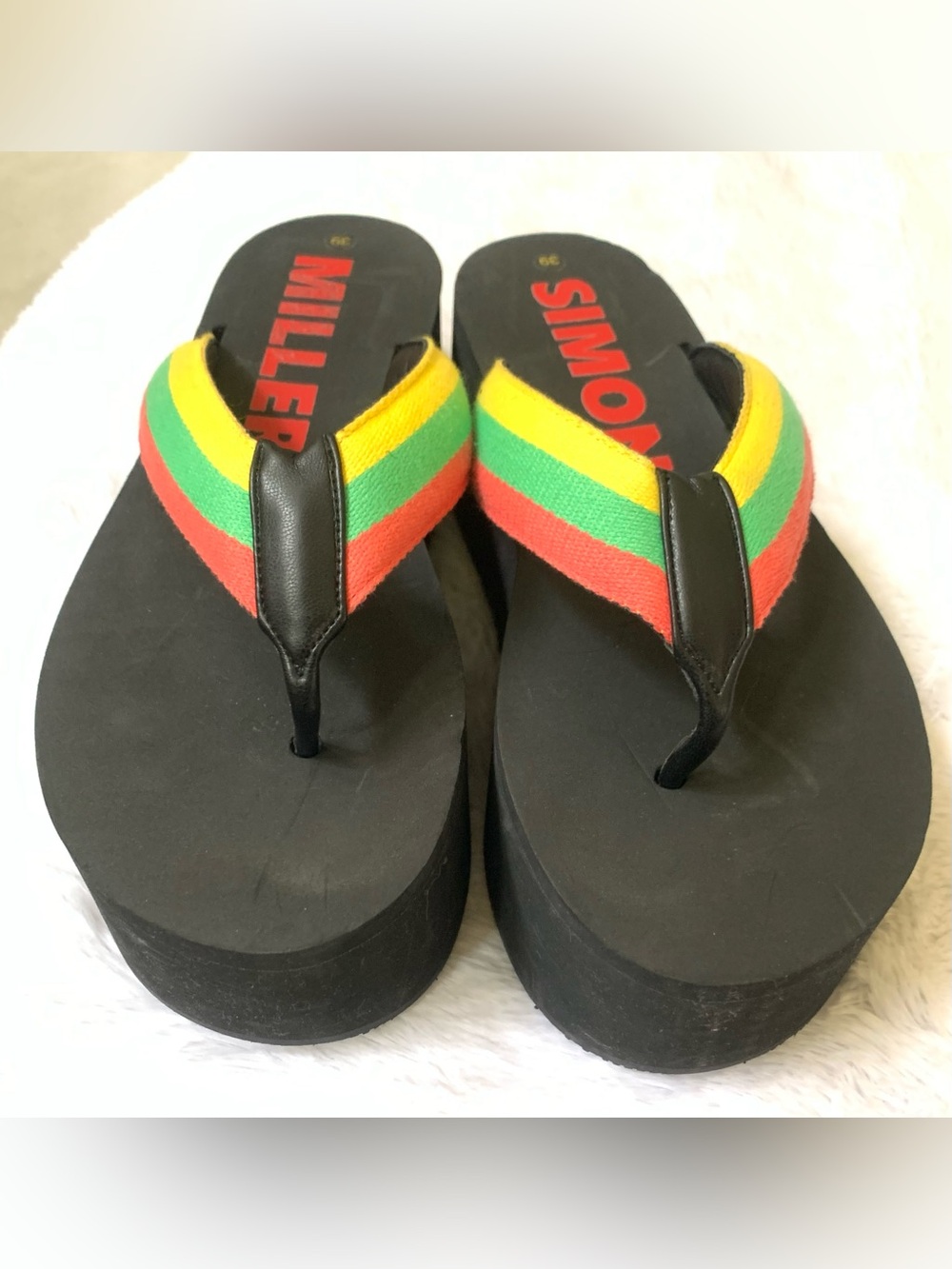 Simon Miller Black Platform Flip Flops with Yellow, Green, Red Straps - Picture 10 of 11